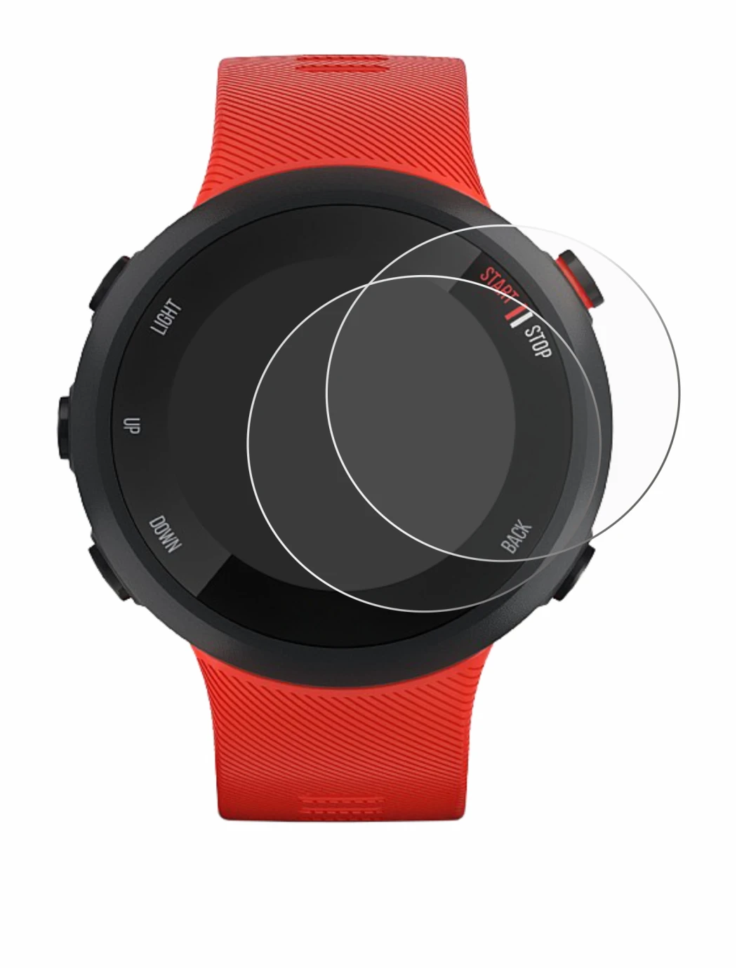 Immagine del dispositivo Garmin Forerunner 45 con un'ampia varietà di protezioni per lo schermo.