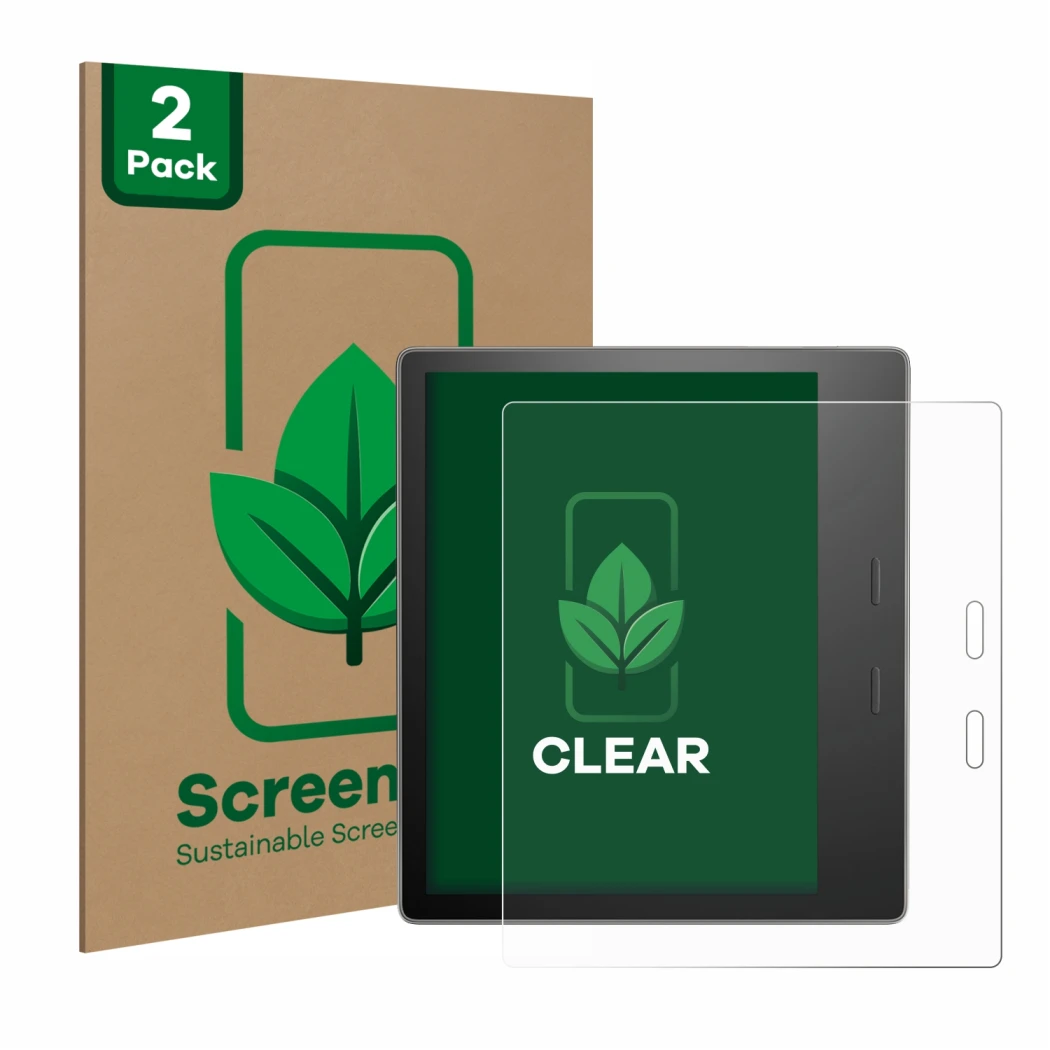 Parte frontale di una confezione del prodotto con il logo del marchio ScreenLeaf. Accanto è raffigurato il dispositivo Amazon 