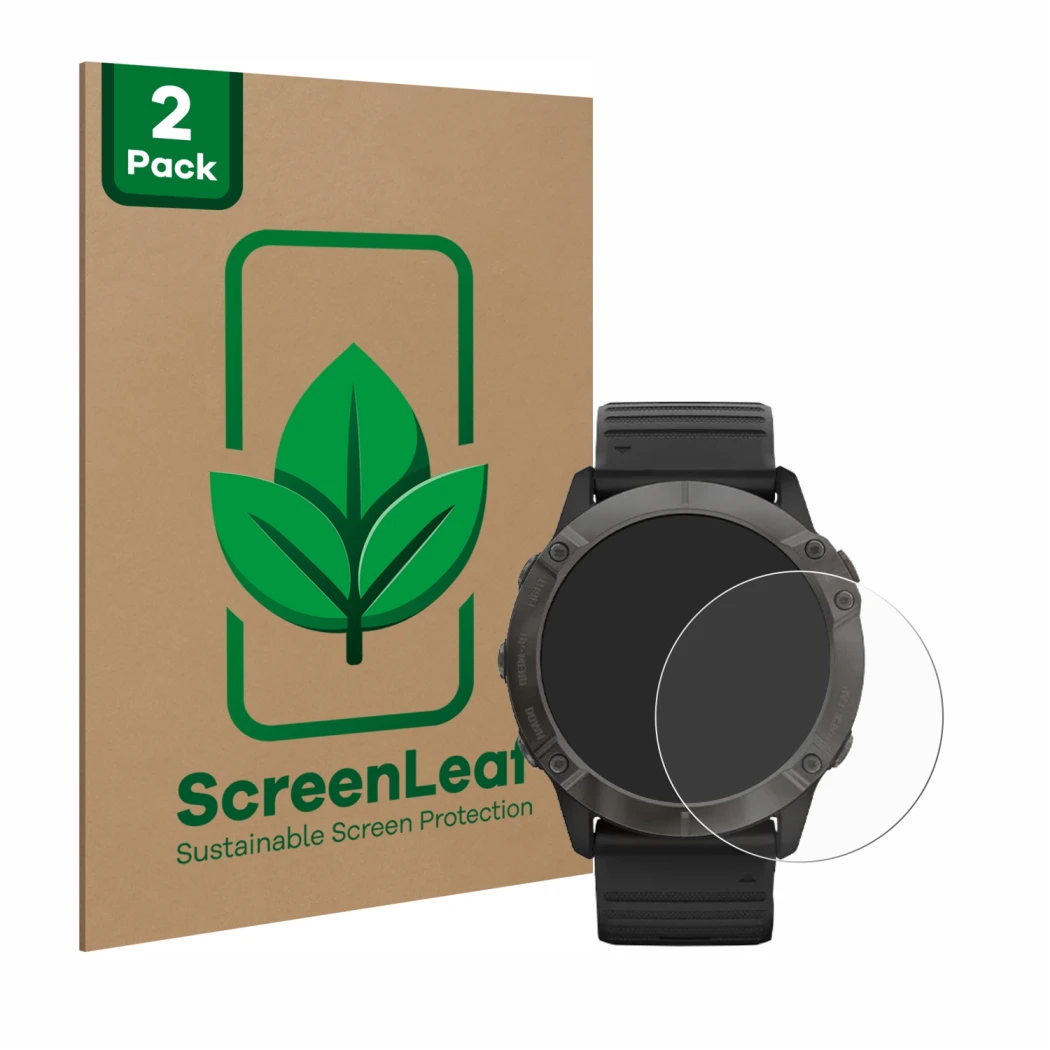 Parte frontale di una confezione del prodotto con il logo del marchio ScreenLeaf. Accanto è raffigurato il dispositivo Garmin 