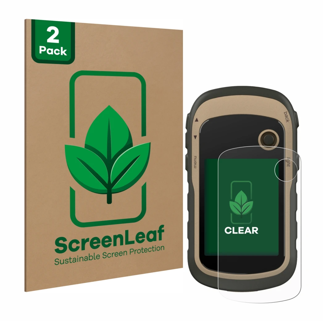 Parte frontale di una confezione del prodotto con il logo del marchio ScreenLeaf. Accanto è raffigurato il dispositivo Garmin 