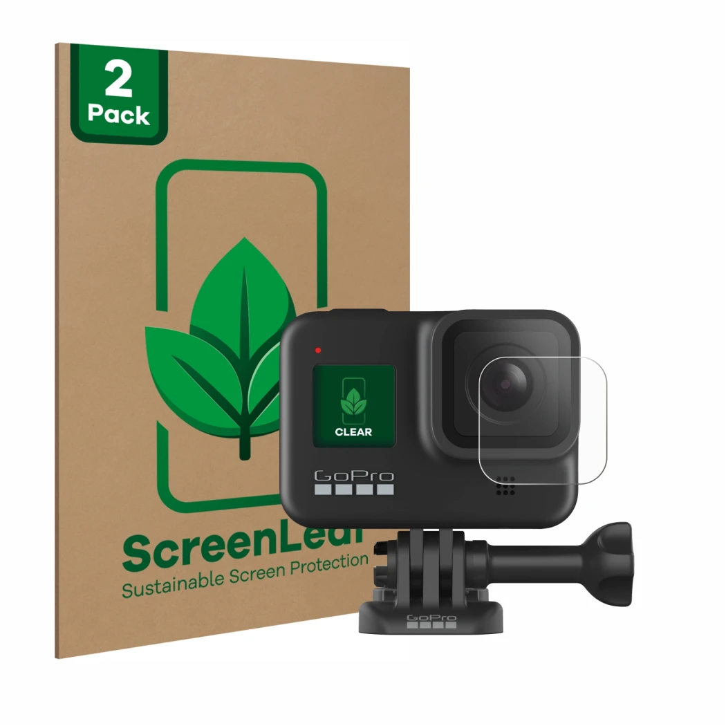 Parte frontale di una confezione del prodotto con il logo del marchio ScreenLeaf. Accanto è raffigurato il dispositivo GoPro H