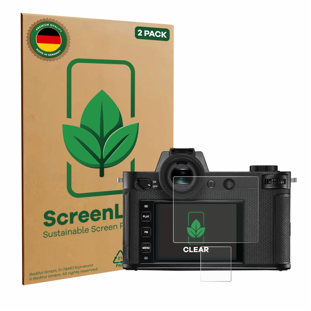 Parte frontale di una confezione del prodotto con il logo del marchio ScreenLeaf. Accanto è raffigurato il dispositivo Leica S