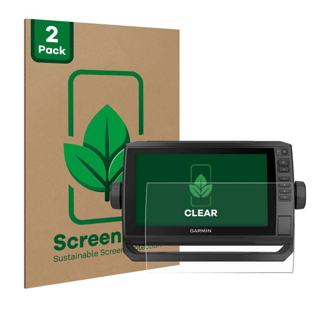 Parte frontale di una confezione del prodotto con il logo del marchio ScreenLeaf. Accanto è raffigurato il dispositivo Garmin 