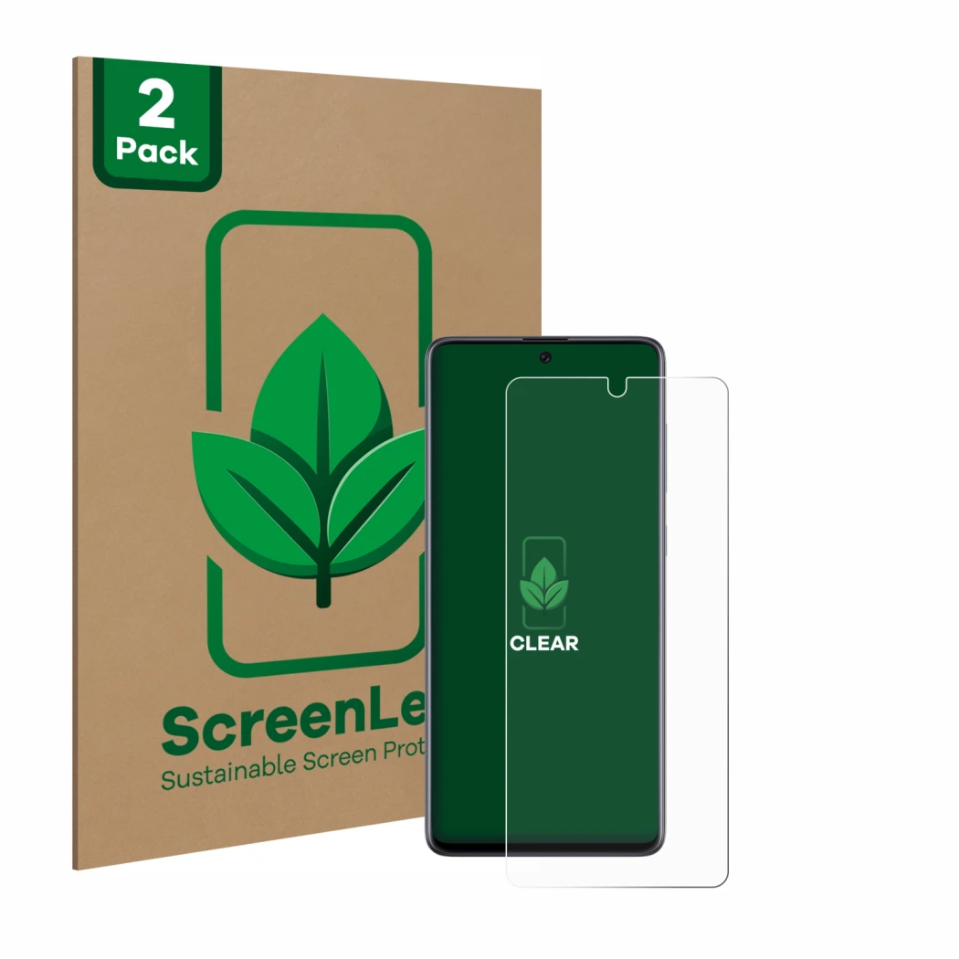 Parte frontale di una confezione del prodotto con il logo del marchio ScreenLeaf. Accanto è raffigurato il dispositivo Samsung