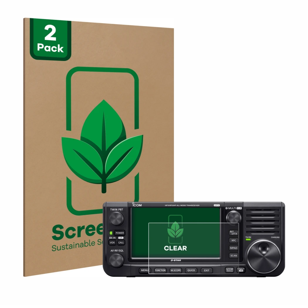 Parte frontale di una confezione del prodotto con il logo del marchio ScreenLeaf. Accanto è raffigurato il dispositivo Icom IC