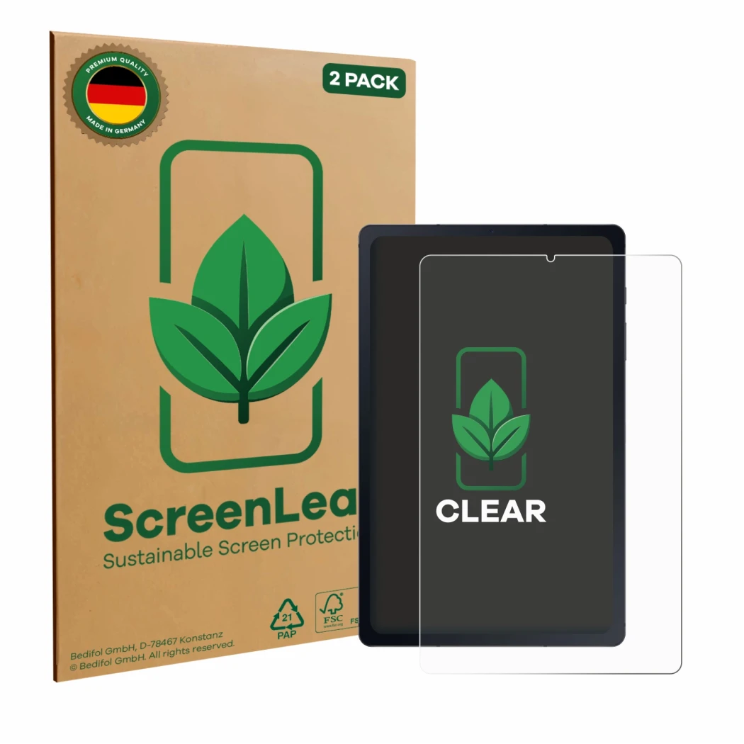 Parte frontale di una confezione del prodotto con il logo del marchio ScreenLeaf. Accanto è raffigurato il dispositivo Samsung