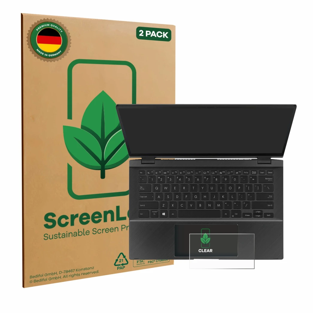 Parte frontale di una confezione del prodotto con il logo del marchio ScreenLeaf. Accanto è raffigurato il dispositivo ASUS Ze