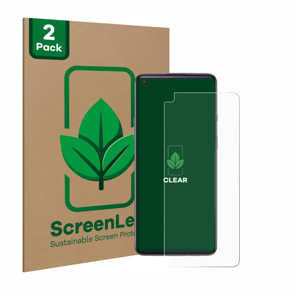 Parte frontale di una confezione del prodotto con il logo del marchio ScreenLeaf. Accanto è raffigurato il dispositivo OnePlus
