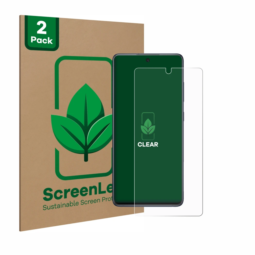 Parte frontale di una confezione del prodotto con il logo del marchio ScreenLeaf. Accanto è raffigurato il dispositivo Samsung