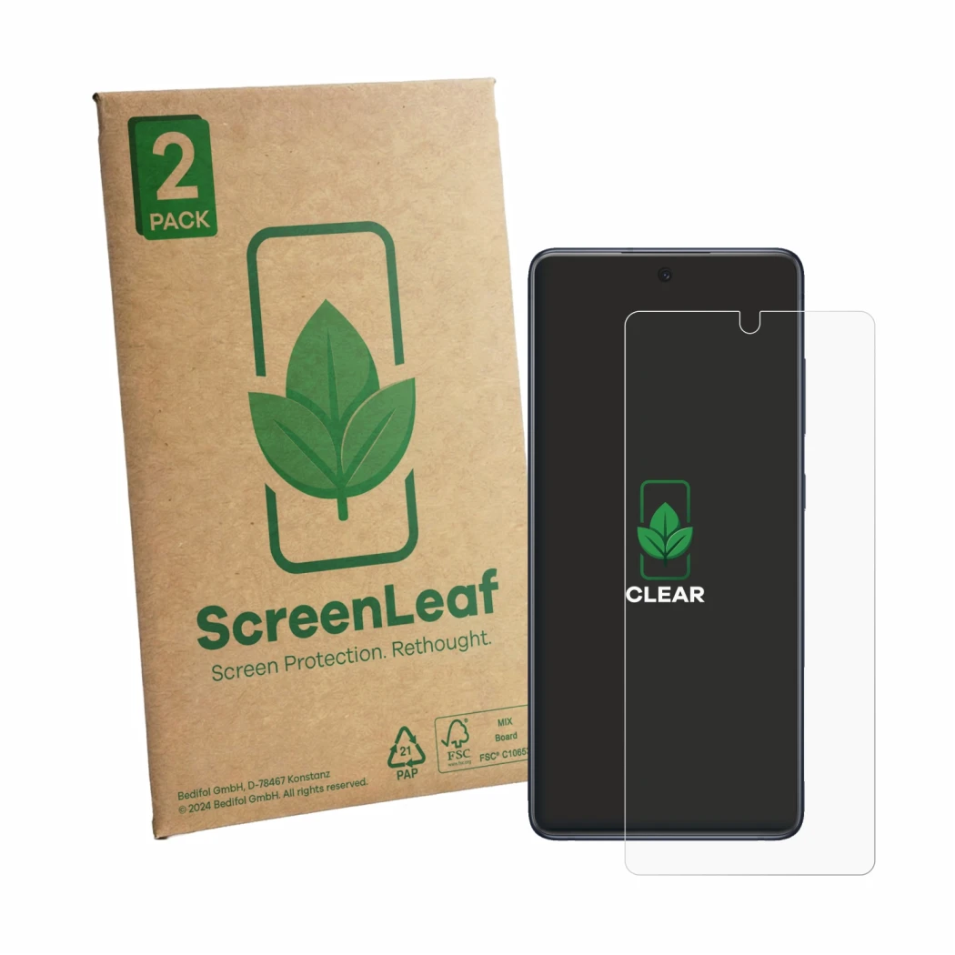 Parte frontale di una confezione del prodotto con il logo del marchio ScreenLeaf. Accanto è raffigurato il dispositivo Samsung