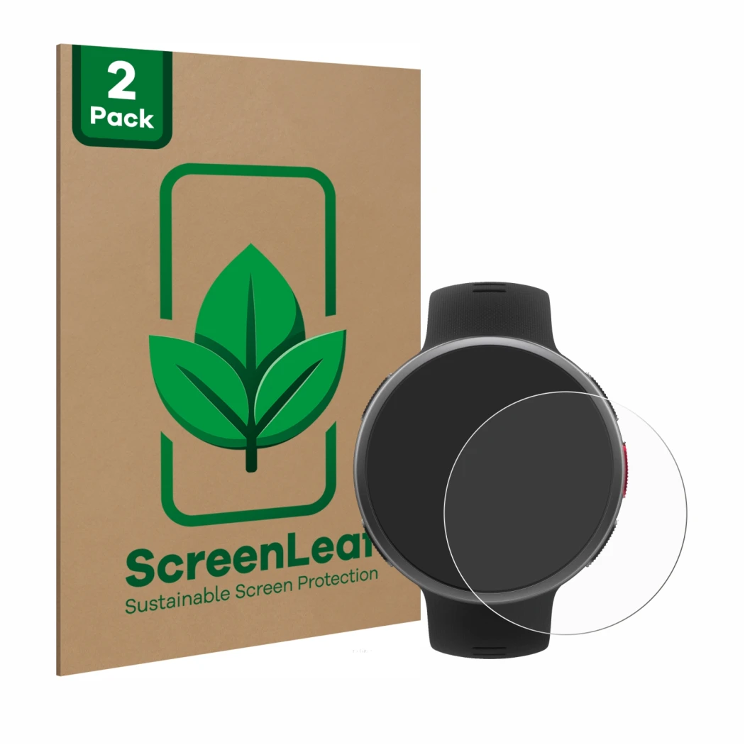 Parte frontale di una confezione del prodotto con il logo del marchio ScreenLeaf. Accanto è raffigurato il dispositivo Polar V