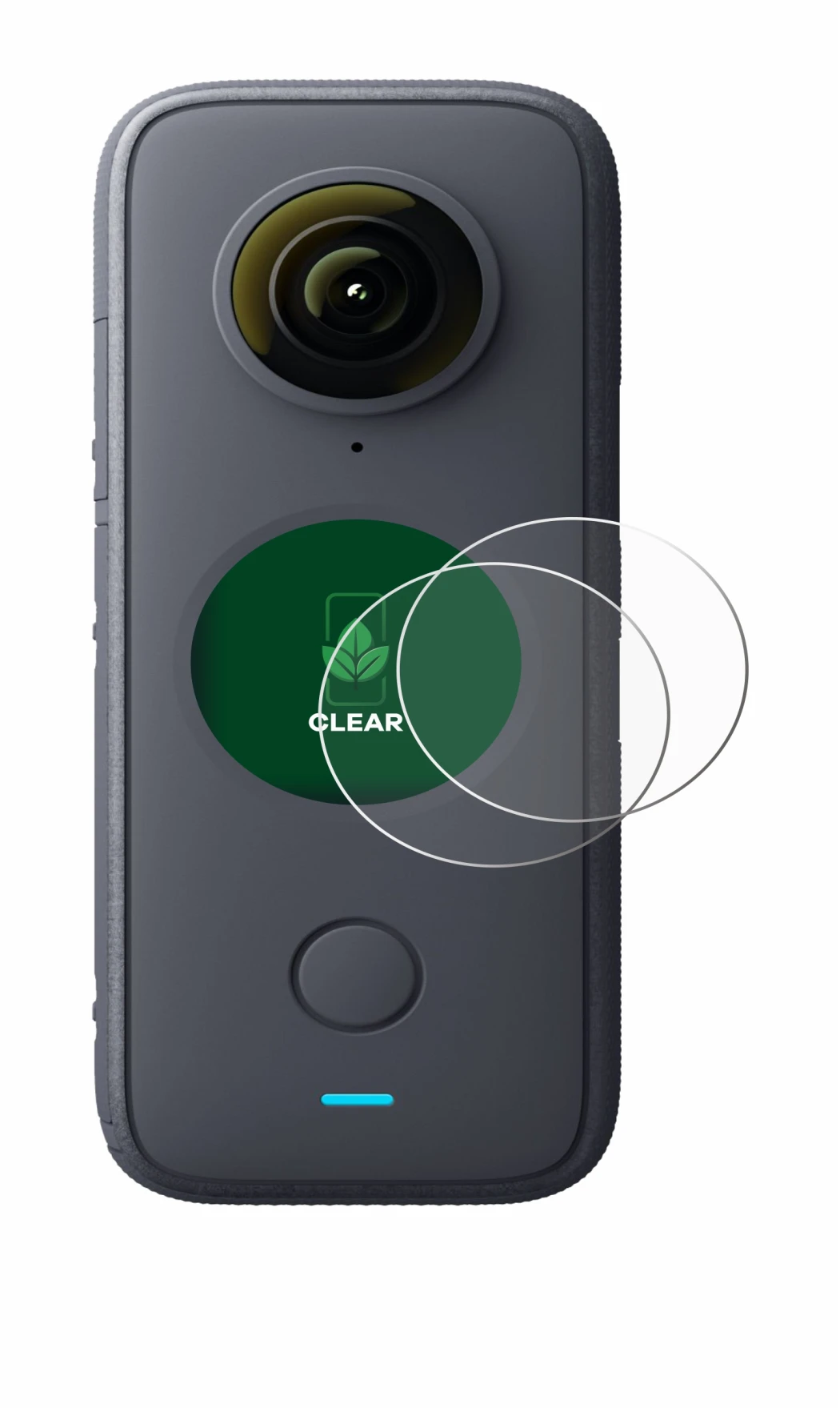 Immagine del dispositivo Insta360 One X2 con un'ampia varietà di protezioni per lo schermo.