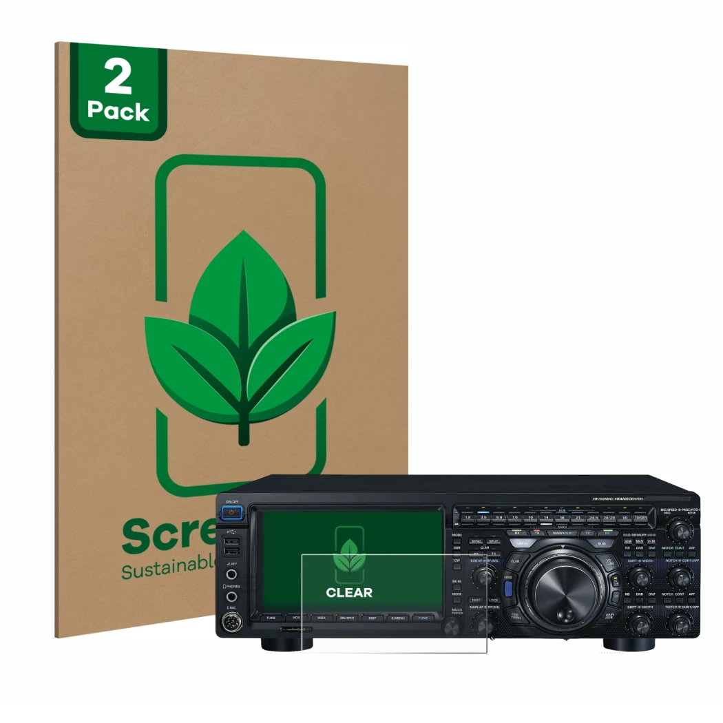 Parte frontale di una confezione del prodotto con il logo del marchio ScreenLeaf. Accanto è raffigurato il dispositivo Yaesu F