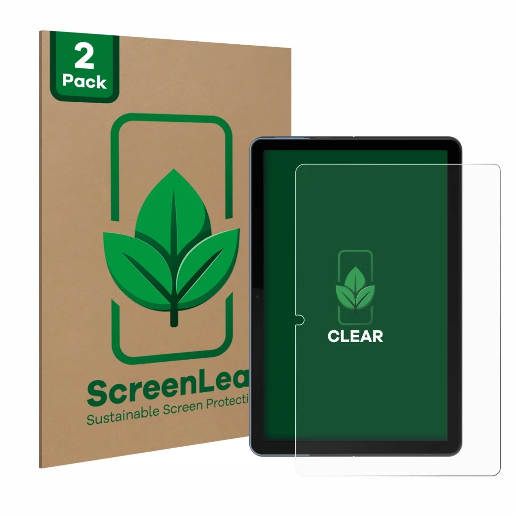 Parte frontale di una confezione del prodotto con il logo del marchio ScreenLeaf. Accanto è raffigurato il dispositivo Lenovo 