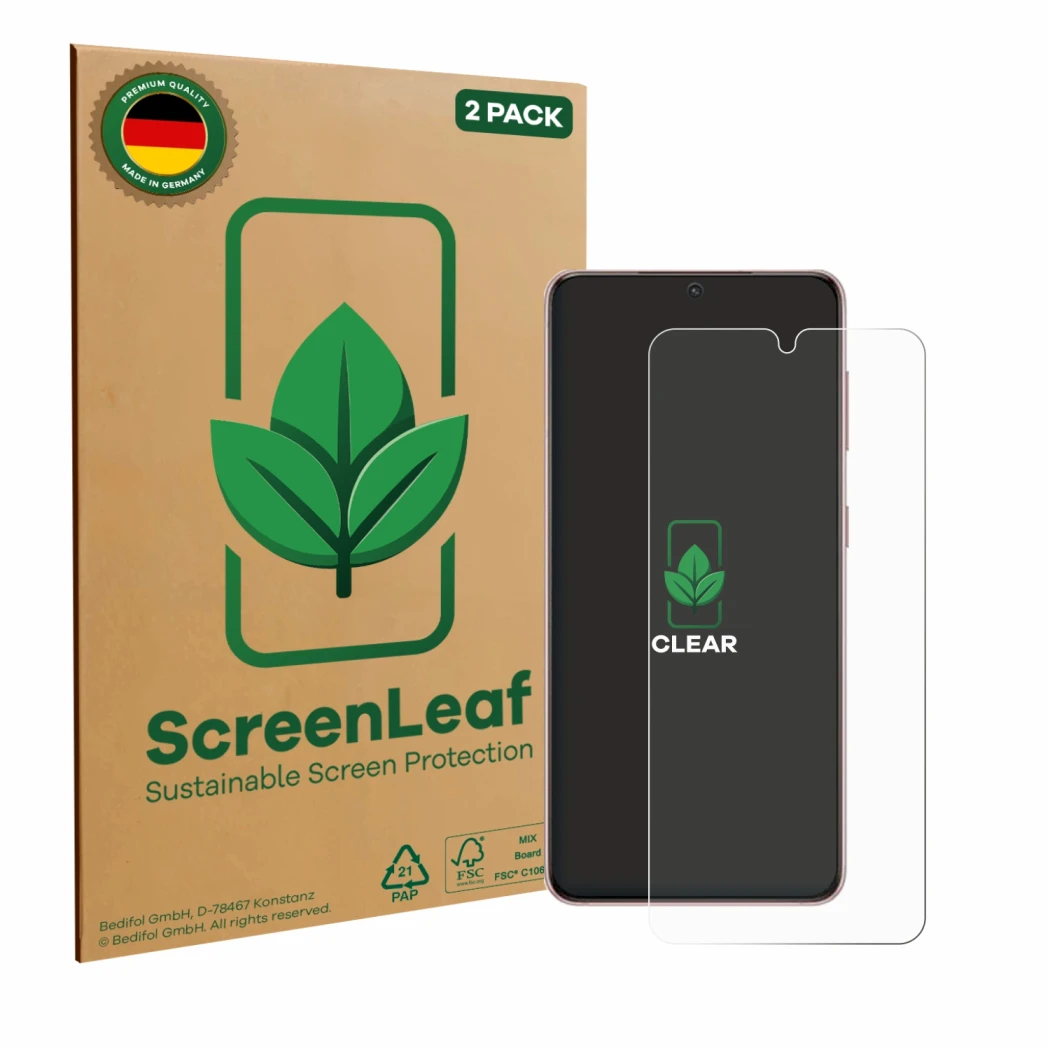 Parte frontale di una confezione del prodotto con il logo del marchio ScreenLeaf. Accanto è raffigurato il dispositivo Samsung