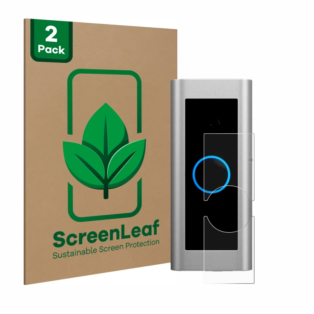 Parte frontale di una confezione del prodotto con il logo del marchio ScreenLeaf. Accanto è raffigurato il dispositivo Ring Vi
