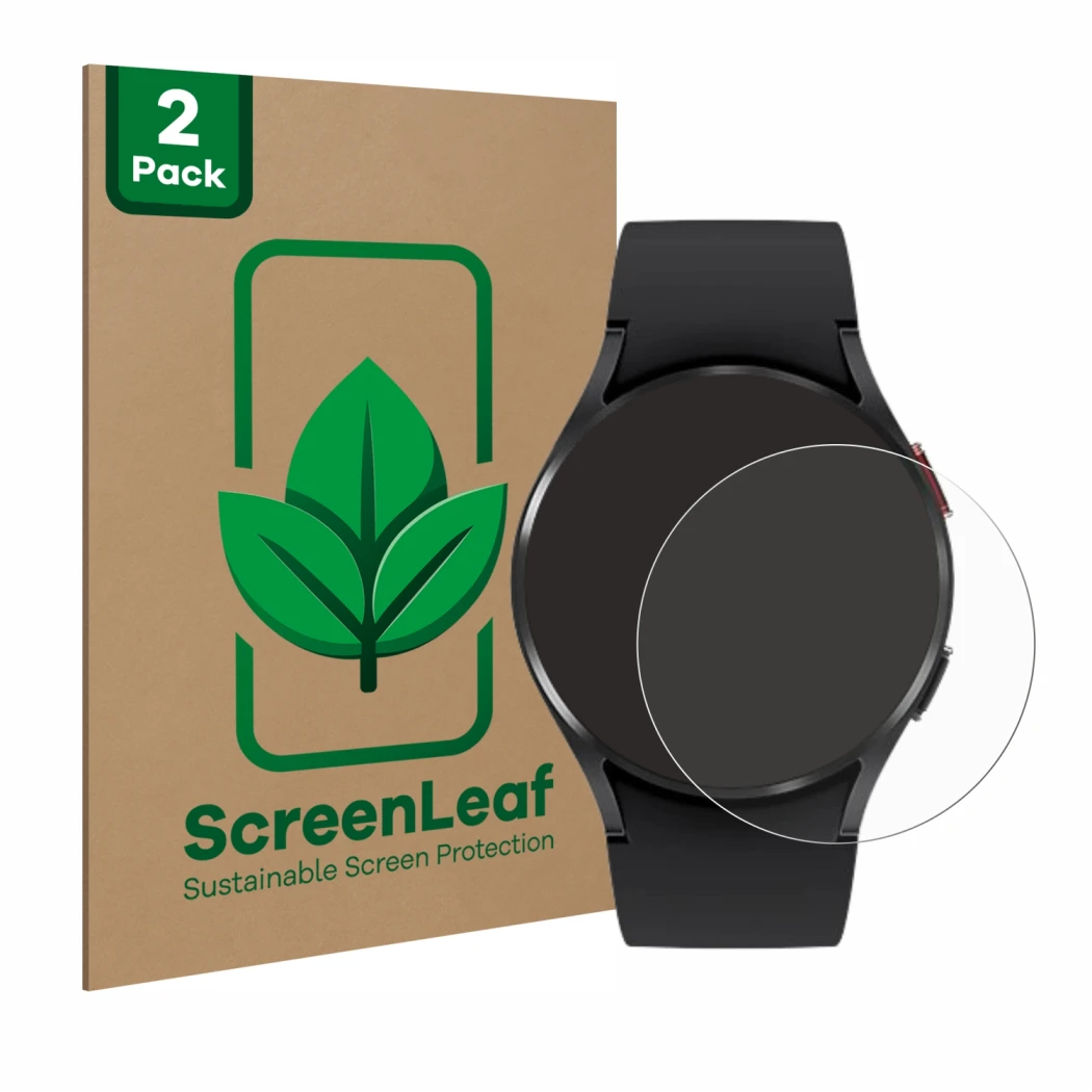 Parte frontale di una confezione del prodotto con il logo del marchio ScreenLeaf. Accanto è raffigurato il dispositivo Samsung