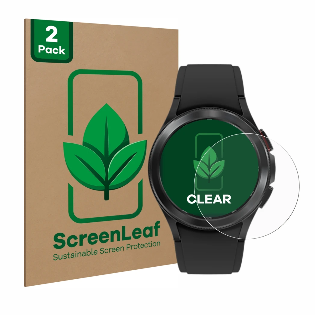 Parte frontale di una confezione del prodotto con il logo del marchio ScreenLeaf. Accanto è raffigurato il dispositivo Samsung