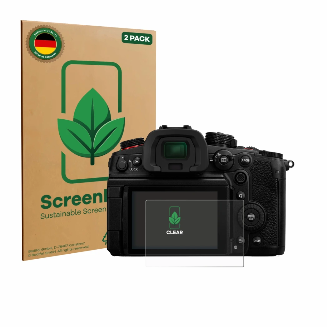 Parte frontale di una confezione del prodotto con il logo del marchio ScreenLeaf. Accanto è raffigurato il dispositivo Panason