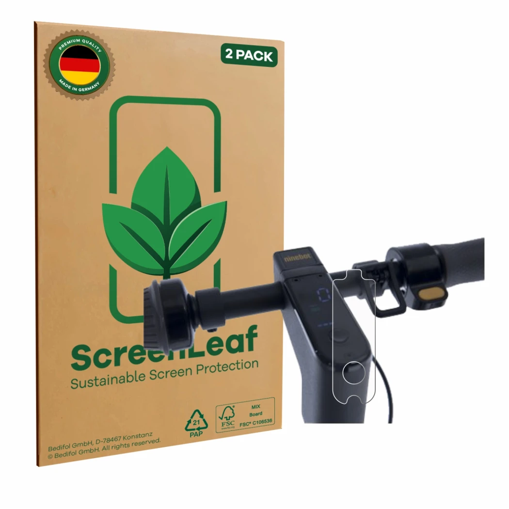 Parte frontale di una confezione del prodotto con il logo del marchio ScreenLeaf. Accanto è raffigurato il dispositivo Segway 