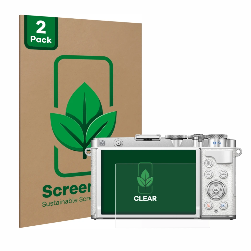 Parte frontale di una confezione del prodotto con il logo del marchio ScreenLeaf. Accanto è raffigurato il dispositivo Olympus