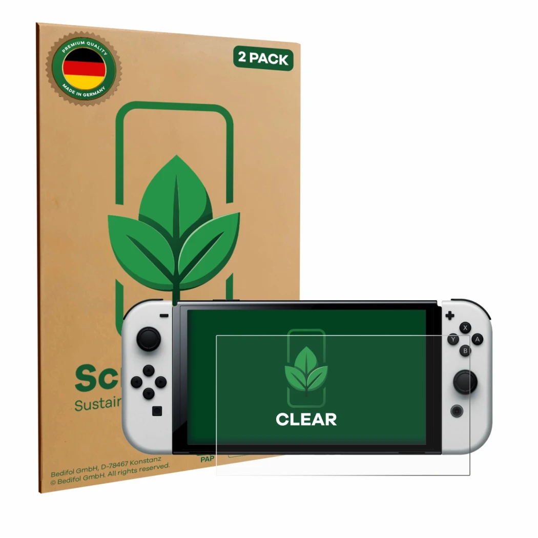 Parte frontale di una confezione del prodotto con il logo del marchio ScreenLeaf. Accanto è raffigurato il dispositivo Nintend