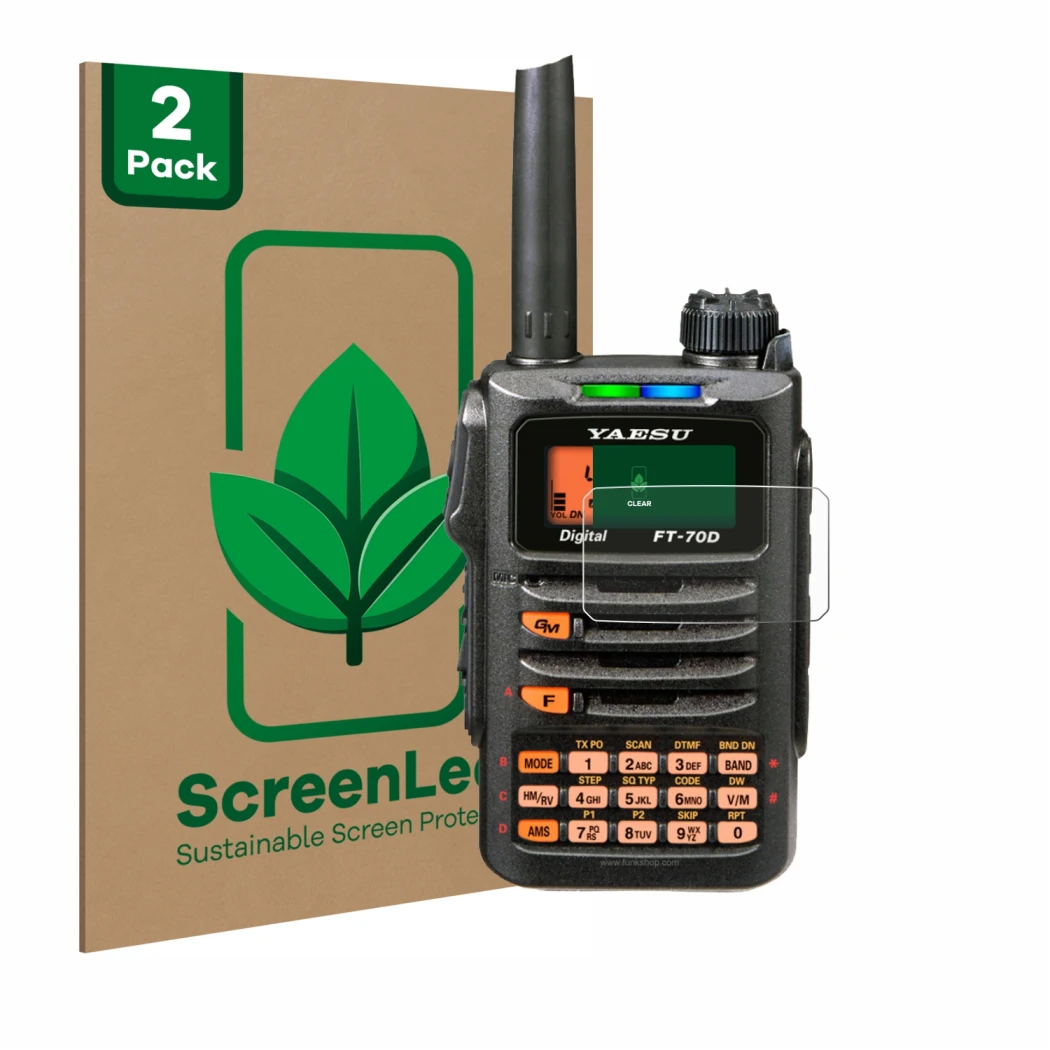 Parte frontale di una confezione del prodotto con il logo del marchio ScreenLeaf. Accanto è raffigurato il dispositivo Yaesu F