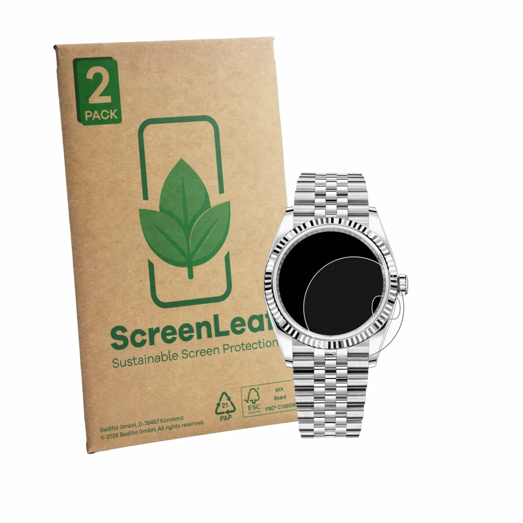 Parte frontale di una confezione del prodotto con il logo del marchio ScreenLeaf. Accanto è raffigurato il dispositivo Rolex D
