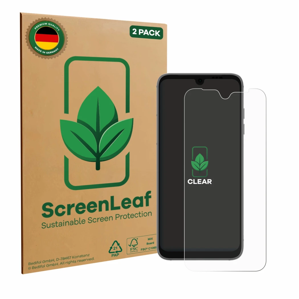 Parte frontale di una confezione del prodotto con il logo del marchio ScreenLeaf. Accanto è raffigurato il dispositivo Fairpho