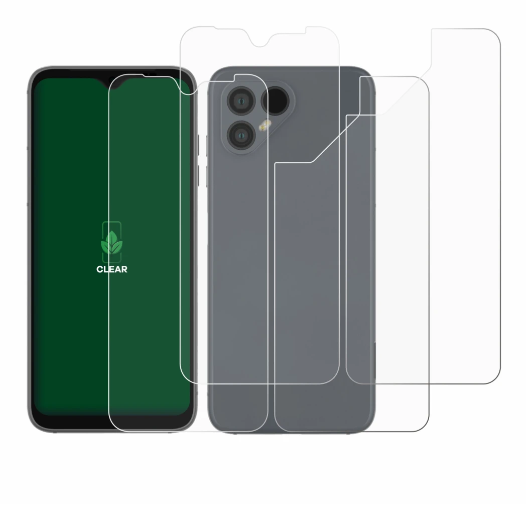 Immagine del dispositivo Fairphone 4 (Fronte+Retro) con un'ampia varietà di protezioni per lo schermo.
