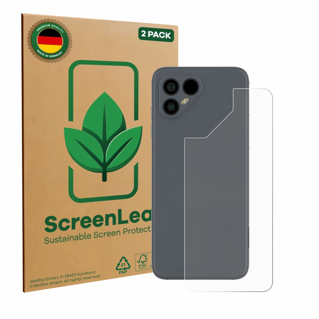Parte frontale di una confezione del prodotto con il logo del marchio ScreenLeaf. Accanto è raffigurato il dispositivo Fairpho