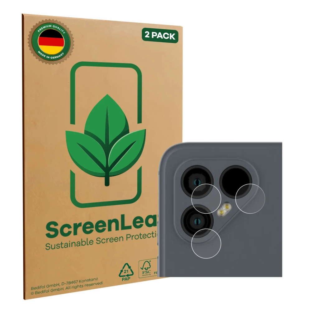 Parte frontale di una confezione del prodotto con il logo del marchio ScreenLeaf. Accanto è raffigurato il dispositivo Fairpho