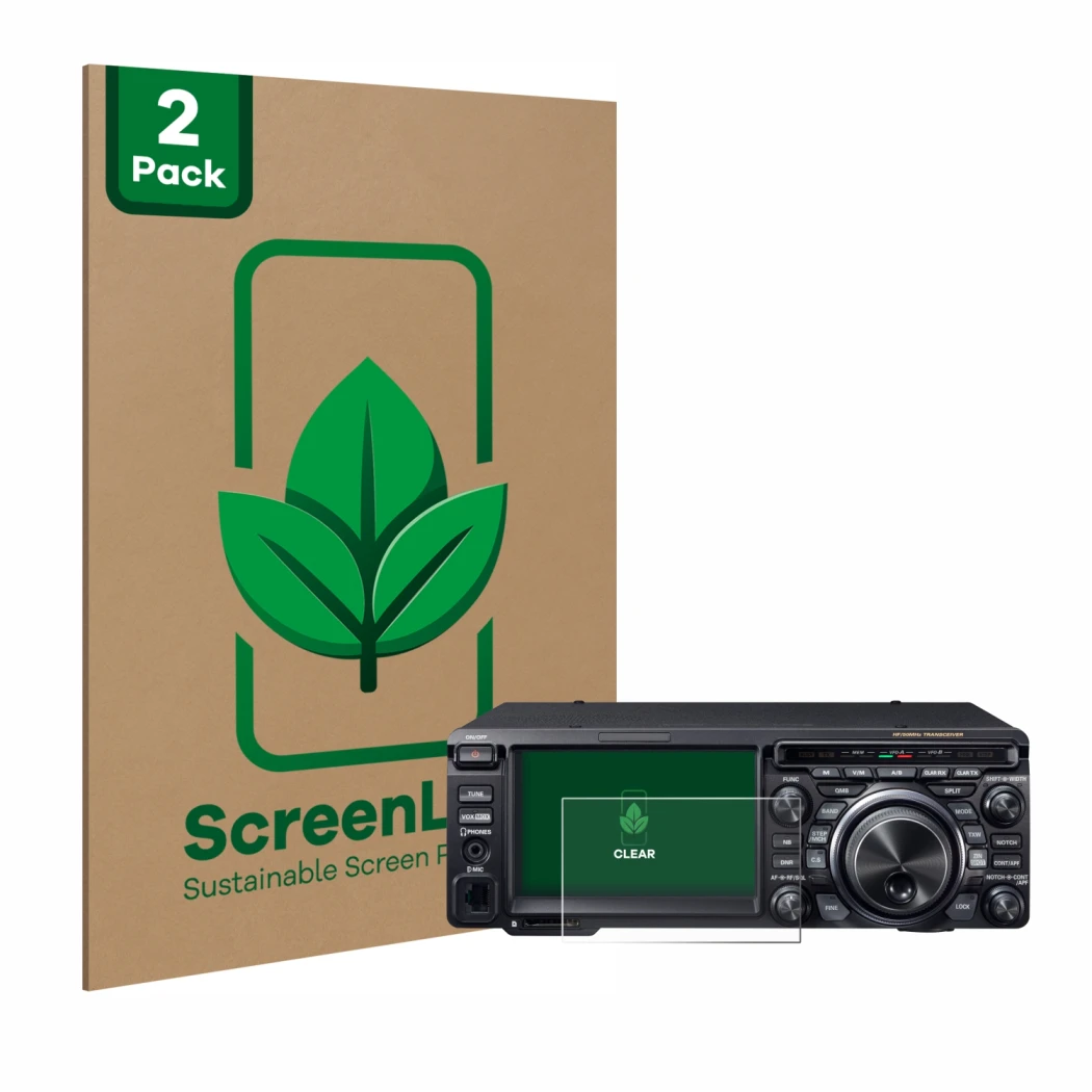 Parte frontale di una confezione del prodotto con il logo del marchio ScreenLeaf. Accanto è raffigurato il dispositivo Yaesu F
