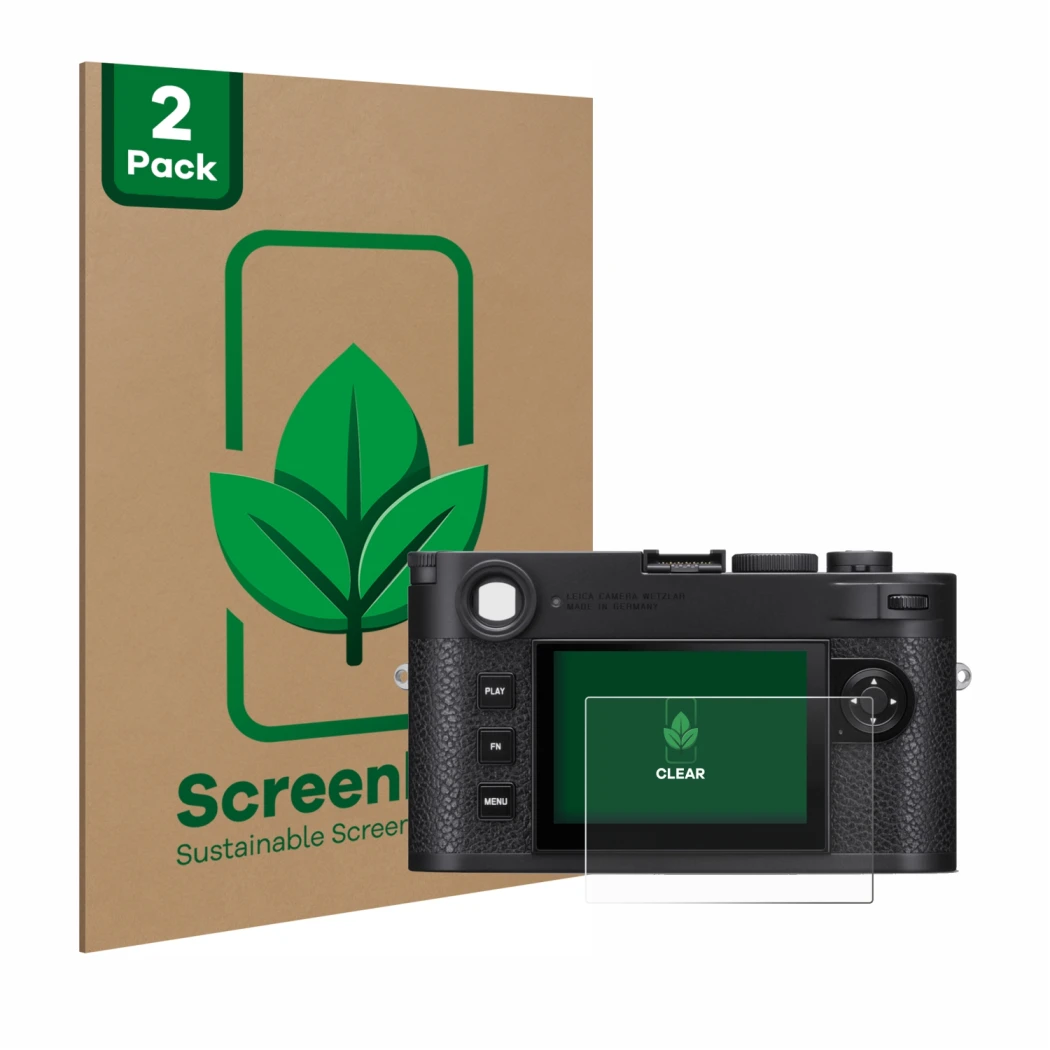Parte frontale di una confezione del prodotto con il logo del marchio ScreenLeaf. Accanto è raffigurato il dispositivo Leica M