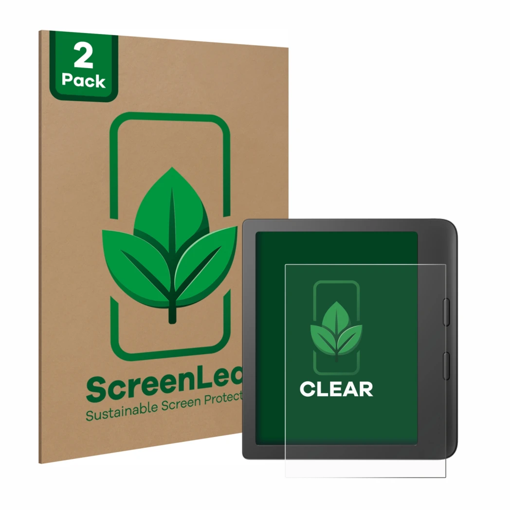 Parte frontale di una confezione del prodotto con il logo del marchio ScreenLeaf. Accanto è raffigurato il dispositivo Tolino 