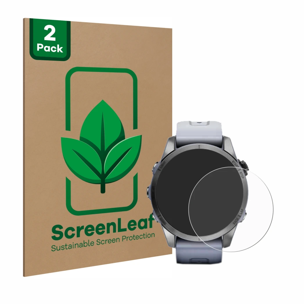 Parte frontale di una confezione del prodotto con il logo del marchio ScreenLeaf. Accanto è raffigurato il dispositivo Garmin 