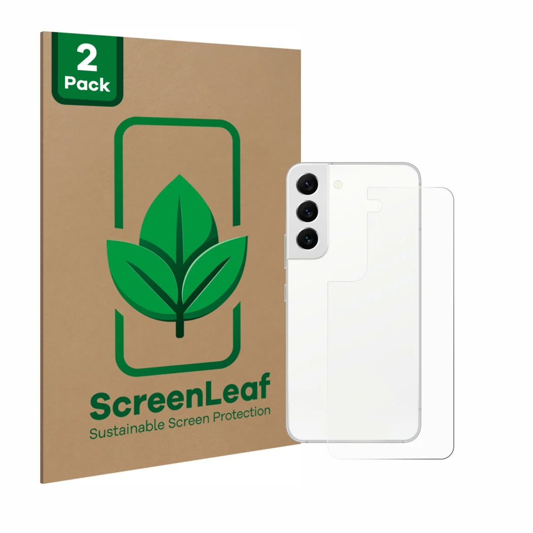 Parte frontale di una confezione del prodotto con il logo del marchio ScreenLeaf. Accanto è raffigurato il dispositivo Samsung