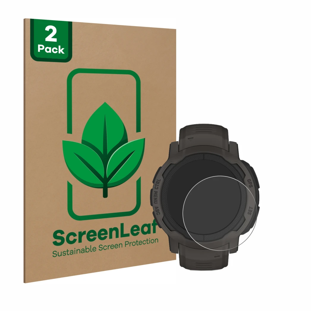 Parte frontale di una confezione del prodotto con il logo del marchio ScreenLeaf. Accanto è raffigurato il dispositivo Garmin 