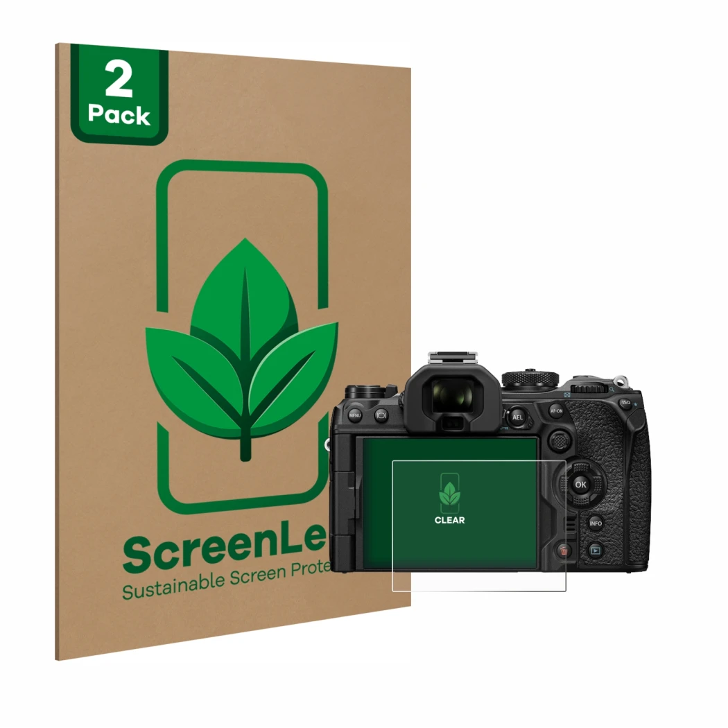 Parte frontale di una confezione del prodotto con il logo del marchio ScreenLeaf. Accanto è raffigurato il dispositivo Olympus