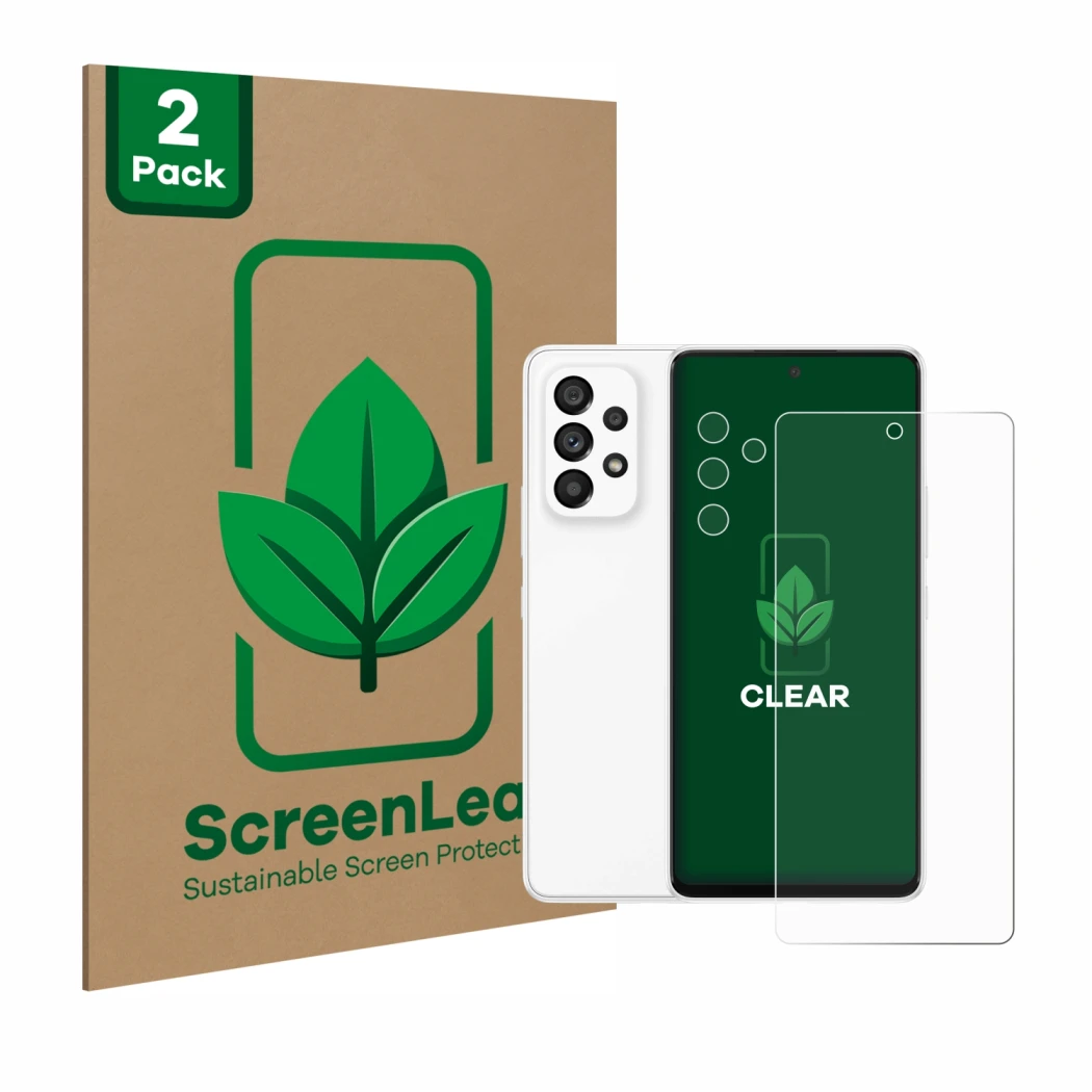 Parte frontale di una confezione del prodotto con il logo del marchio ScreenLeaf. Accanto è raffigurato il dispositivo Samsung