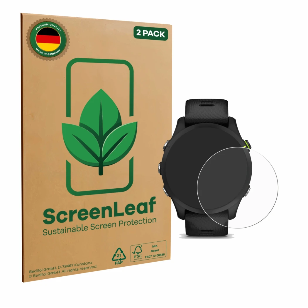 Parte frontale di una confezione del prodotto con il logo del marchio ScreenLeaf. Accanto è raffigurato il dispositivo Garmin 