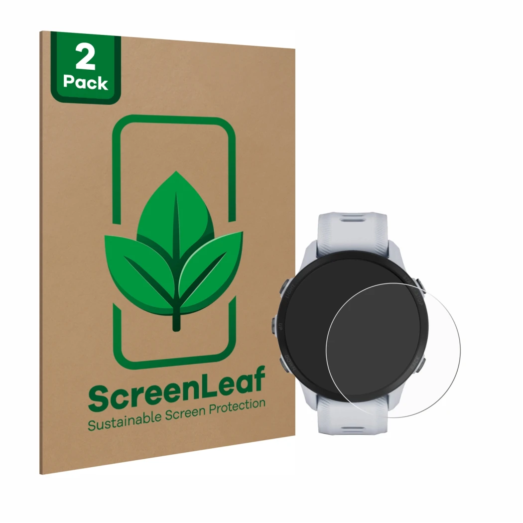 Parte frontale di una confezione del prodotto con il logo del marchio ScreenLeaf. Accanto è raffigurato il dispositivo Garmin 