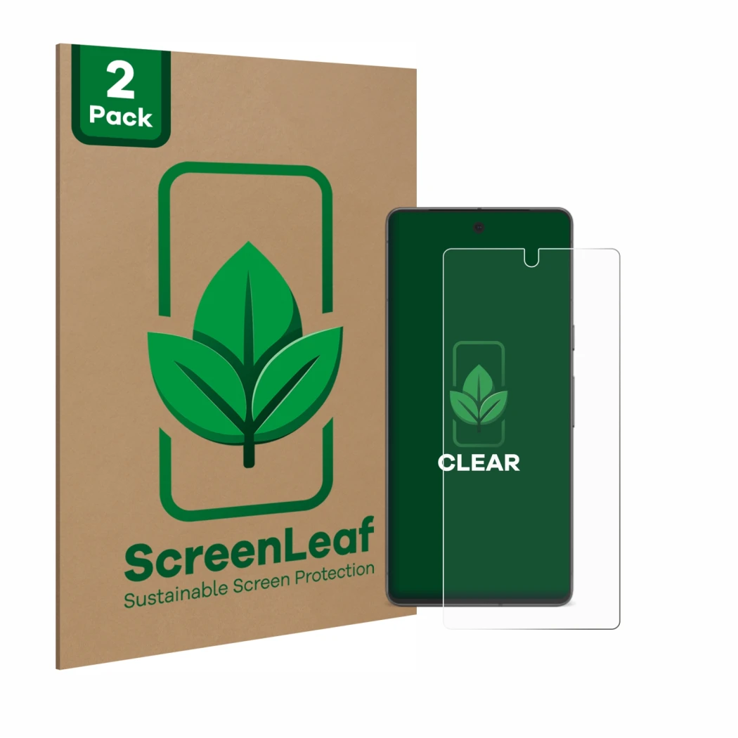 Parte frontale di una confezione del prodotto con il logo del marchio ScreenLeaf. Accanto è raffigurato il dispositivo Google 