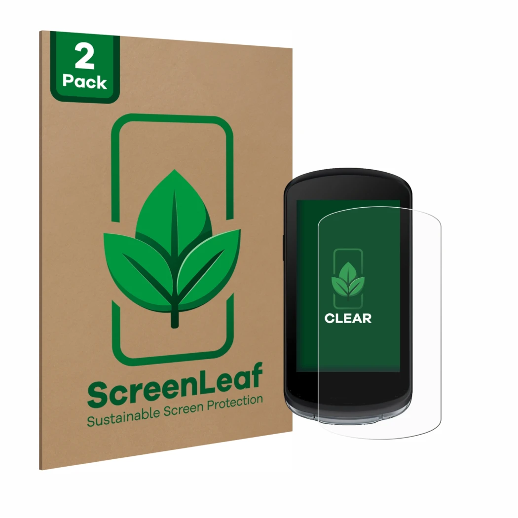 Parte frontale di una confezione del prodotto con il logo del marchio ScreenLeaf. Accanto è raffigurato il dispositivo Garmin 