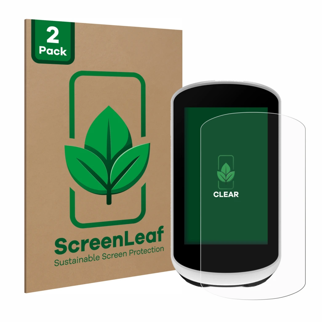Parte frontale di una confezione del prodotto con il logo del marchio ScreenLeaf. Accanto è raffigurato il dispositivo Garmin 