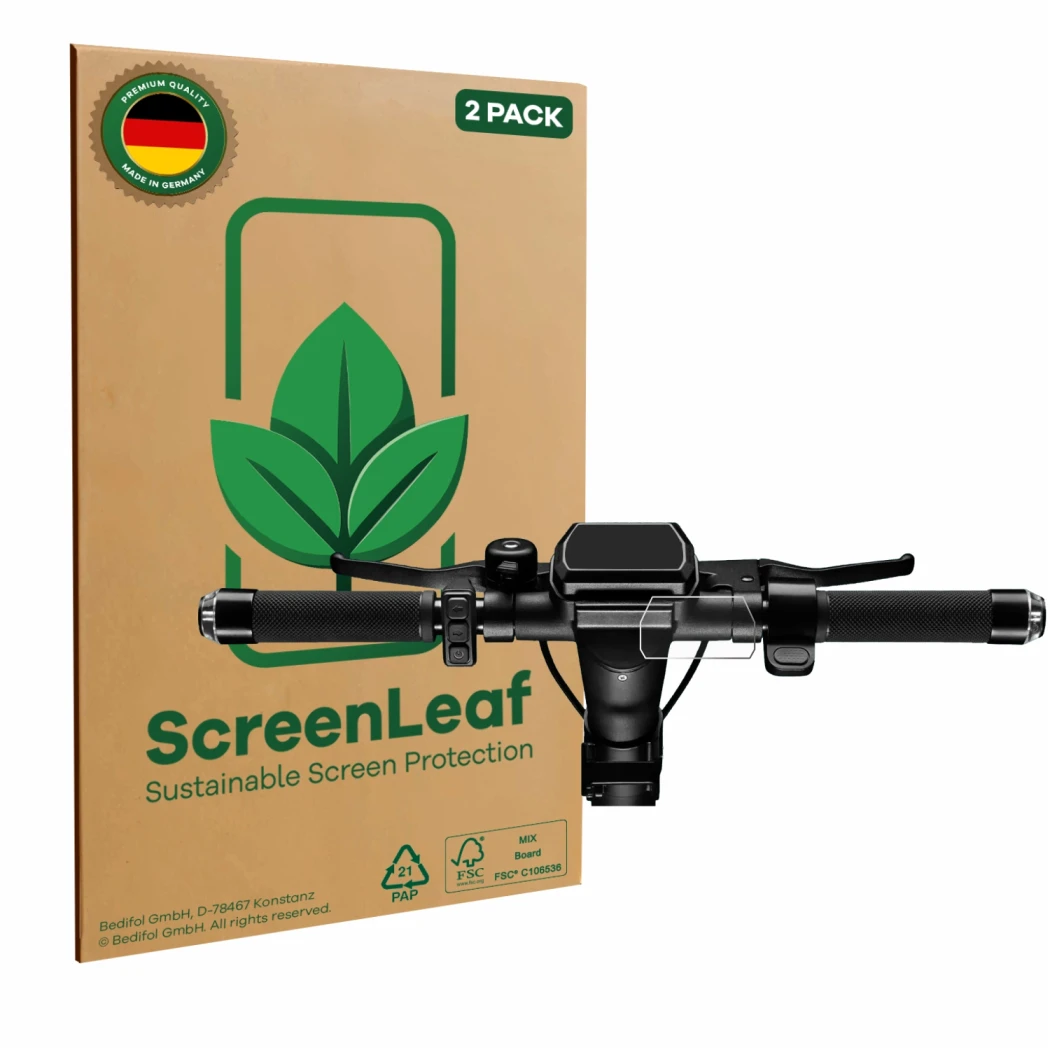 Parte frontale di una confezione del prodotto con il logo del marchio ScreenLeaf. Accanto è raffigurato il dispositivo SoFlow 