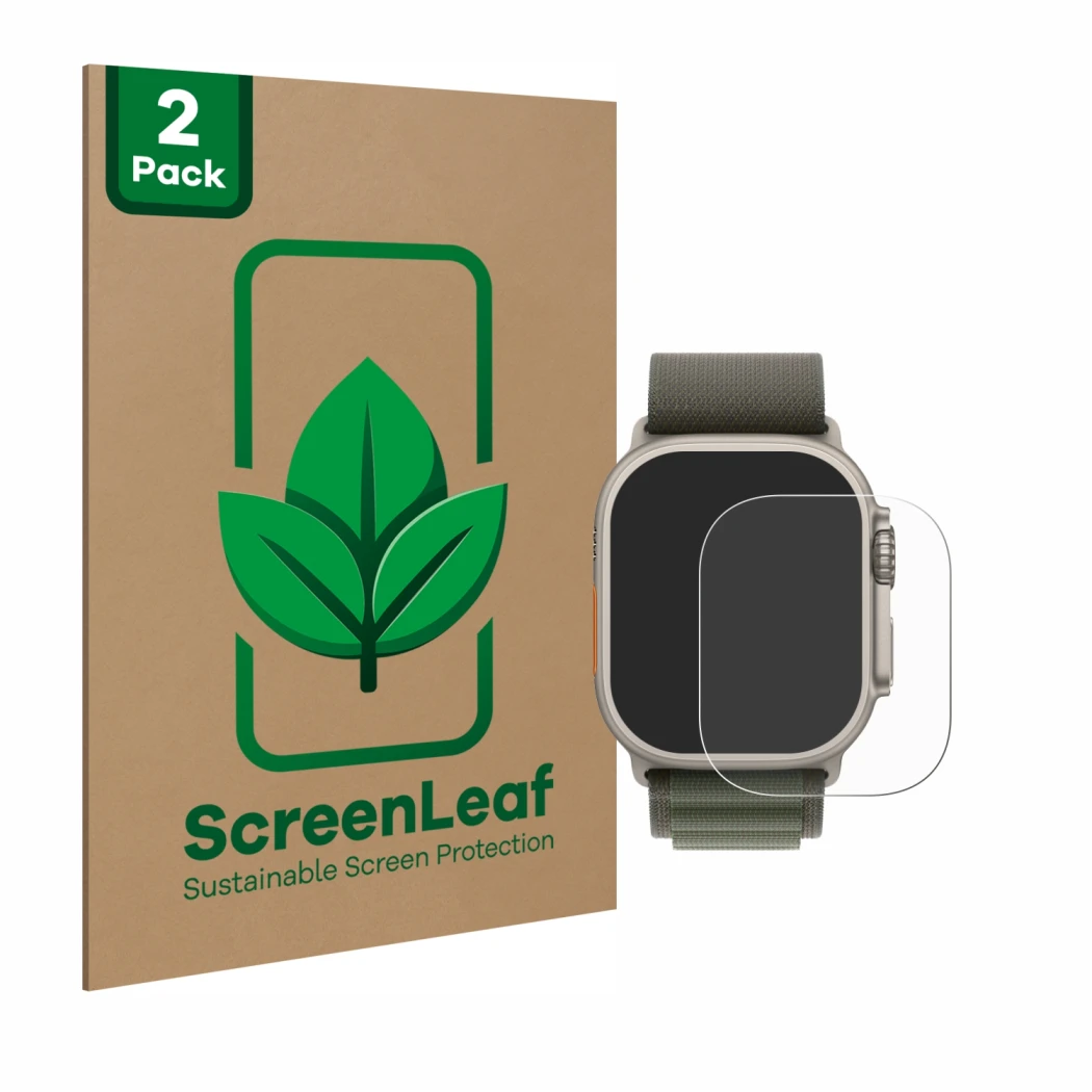 Parte frontale di una confezione del prodotto con il logo del marchio ScreenLeaf. Accanto è raffigurato il dispositivo Apple W
