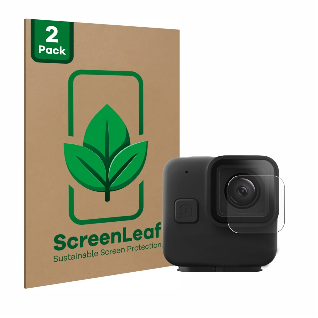 Parte frontale di una confezione del prodotto con il logo del marchio ScreenLeaf. Accanto è raffigurato il dispositivo GoPro H