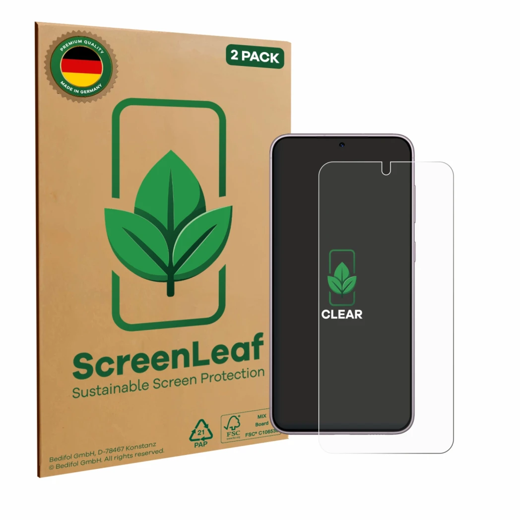 Parte frontale di una confezione del prodotto con il logo del marchio ScreenLeaf. Accanto è raffigurato il dispositivo Samsung