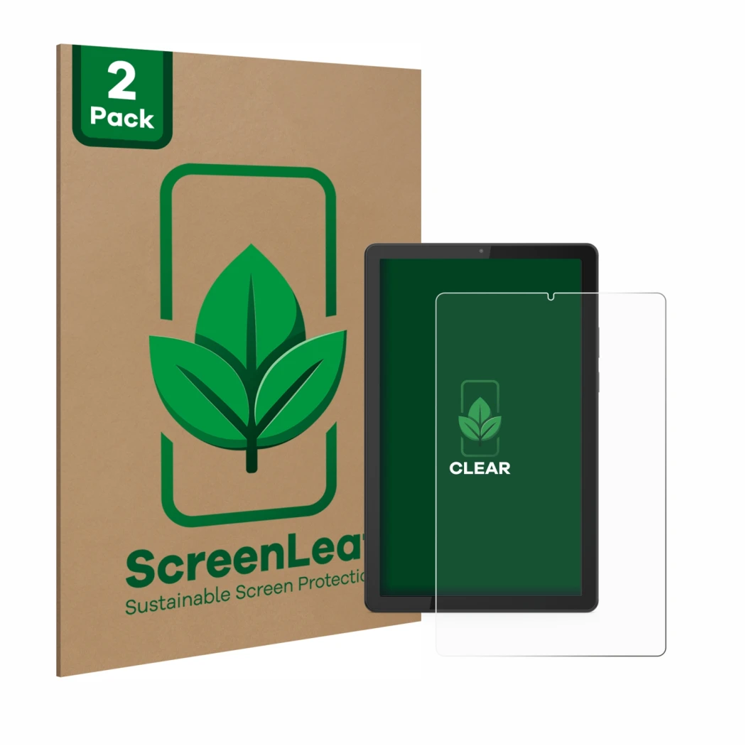 Parte frontale di una confezione del prodotto con il logo del marchio ScreenLeaf. Accanto è raffigurato il dispositivo Lenovo 